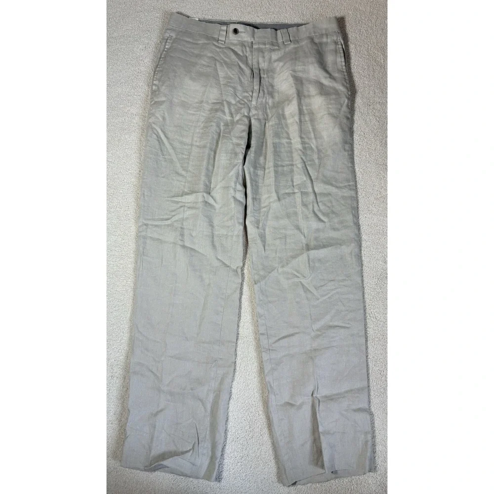 Calvin Klein Linen Flat Front Trousers Beige Pants 33x31